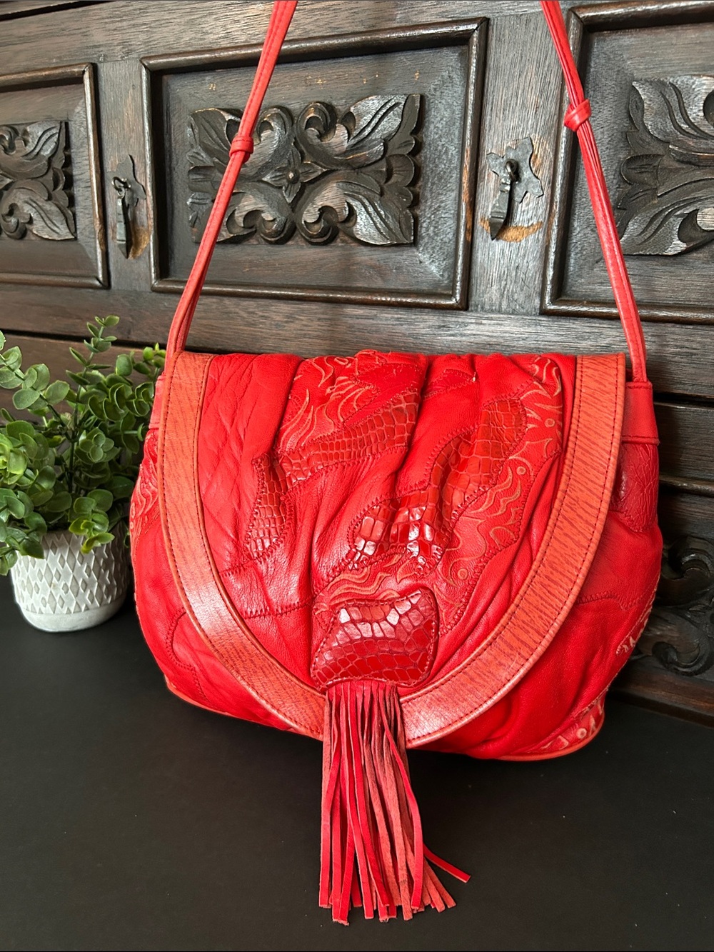 Viva of California Vintage Red Leather Fringe Shoulder Bag with Embossed Detail